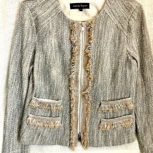 Nanette Lepore Gray Tweed Fringe Blazer Jacket